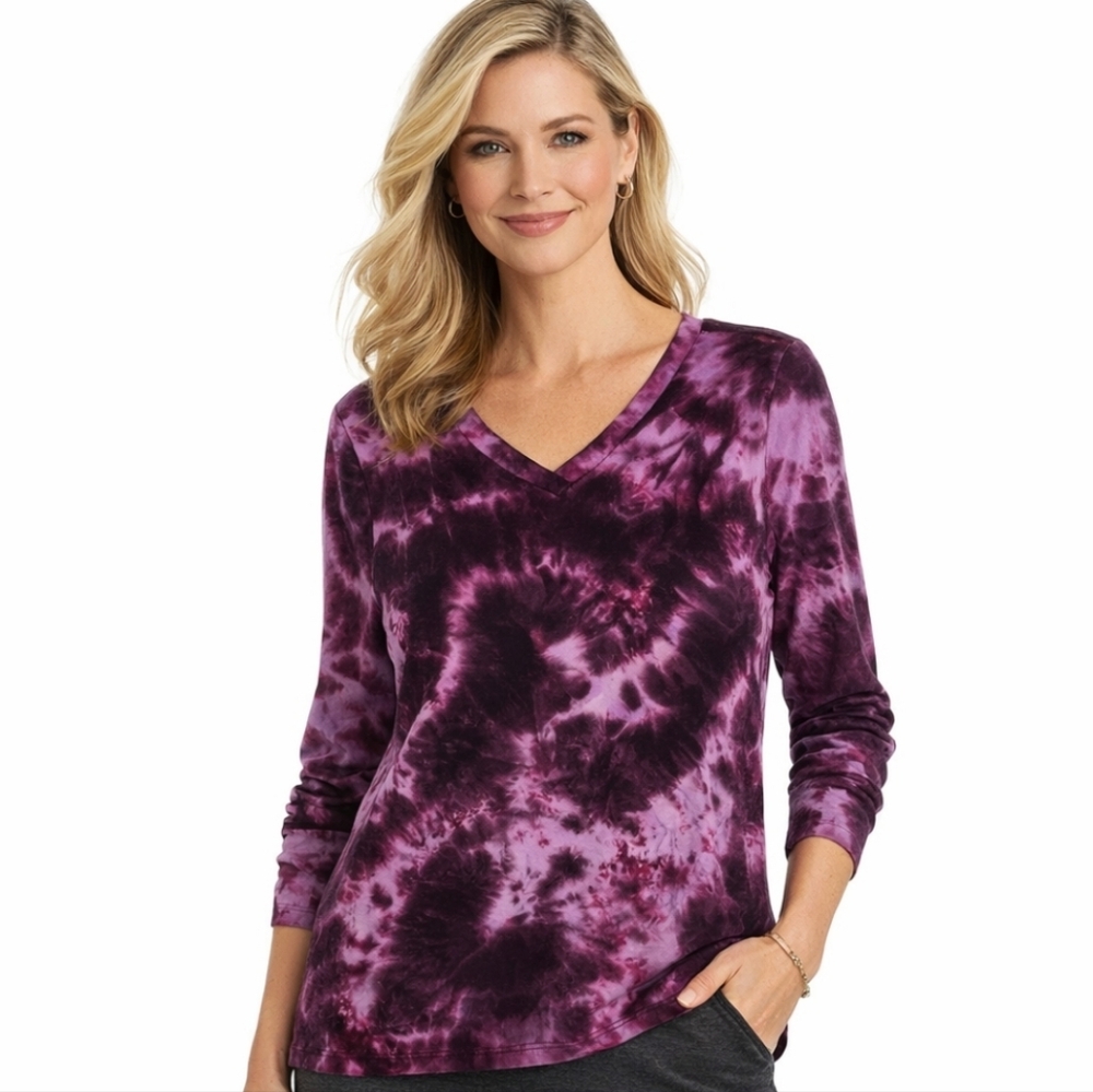 NWOT Logo Lounge by Lori Goldstein Size M  Tie-Dye Long Sleeve V-neck Top Purple